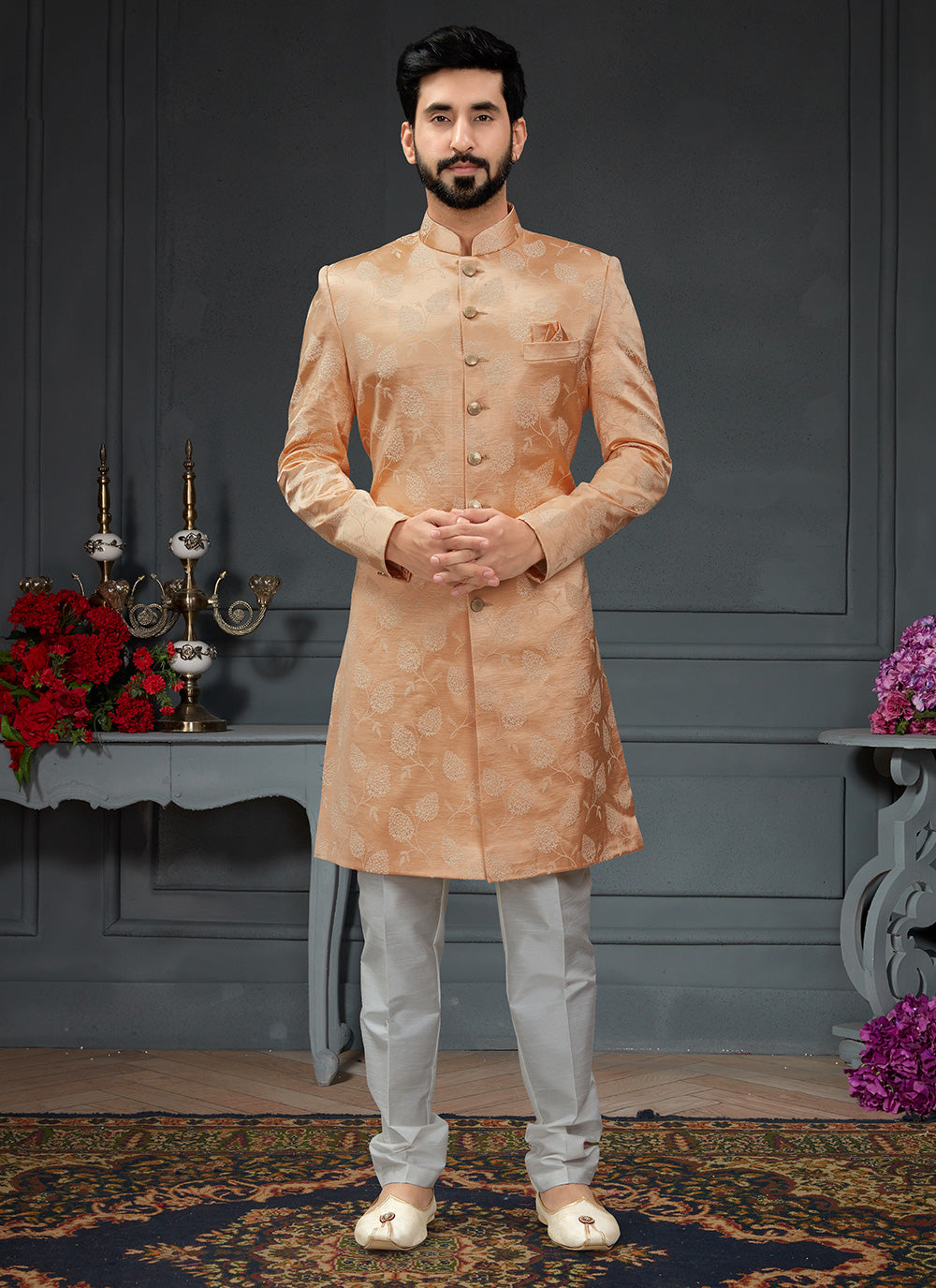 Imported Indo Jacquard Work Western In Peach
