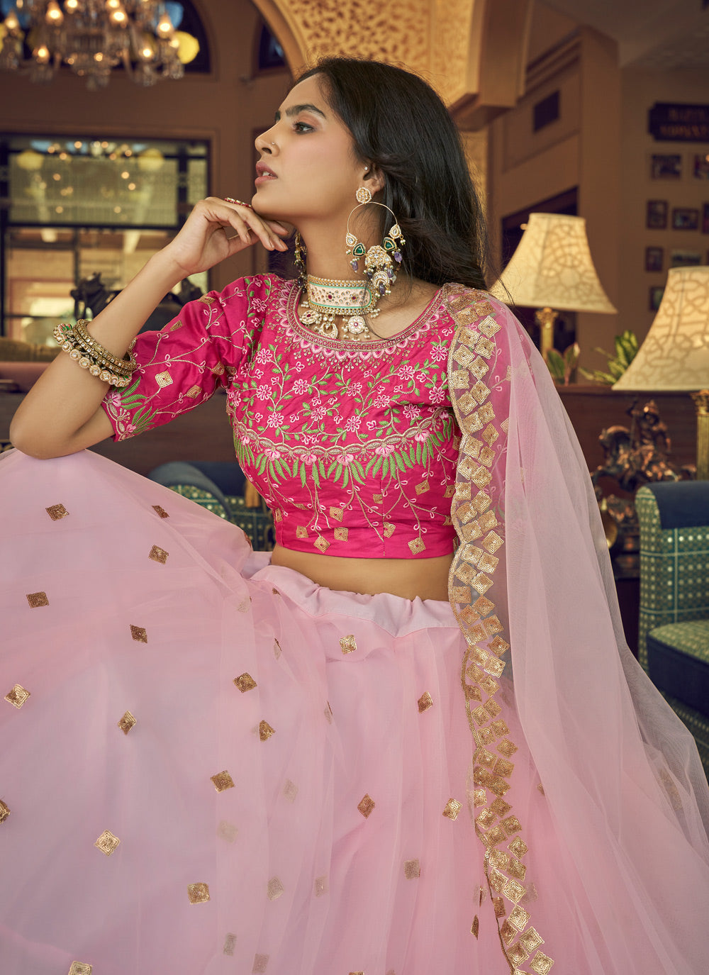 Net Embroidered A Line Lehenga Choli In Pink Color