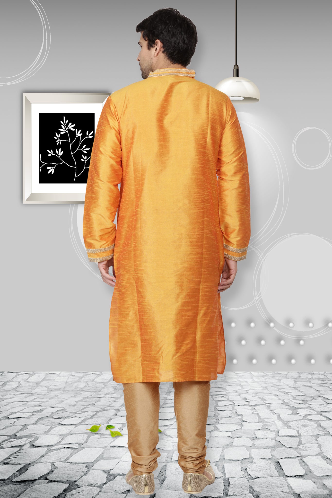 Embroidered Art Dupion Silk Orange Kurta Pajama