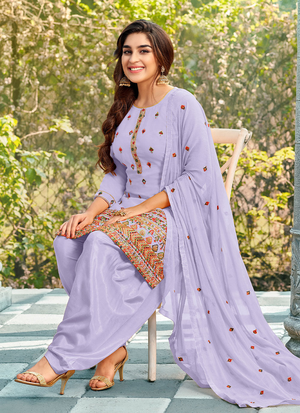 Embroidered Patiala Salwar Suit In Lavender Color