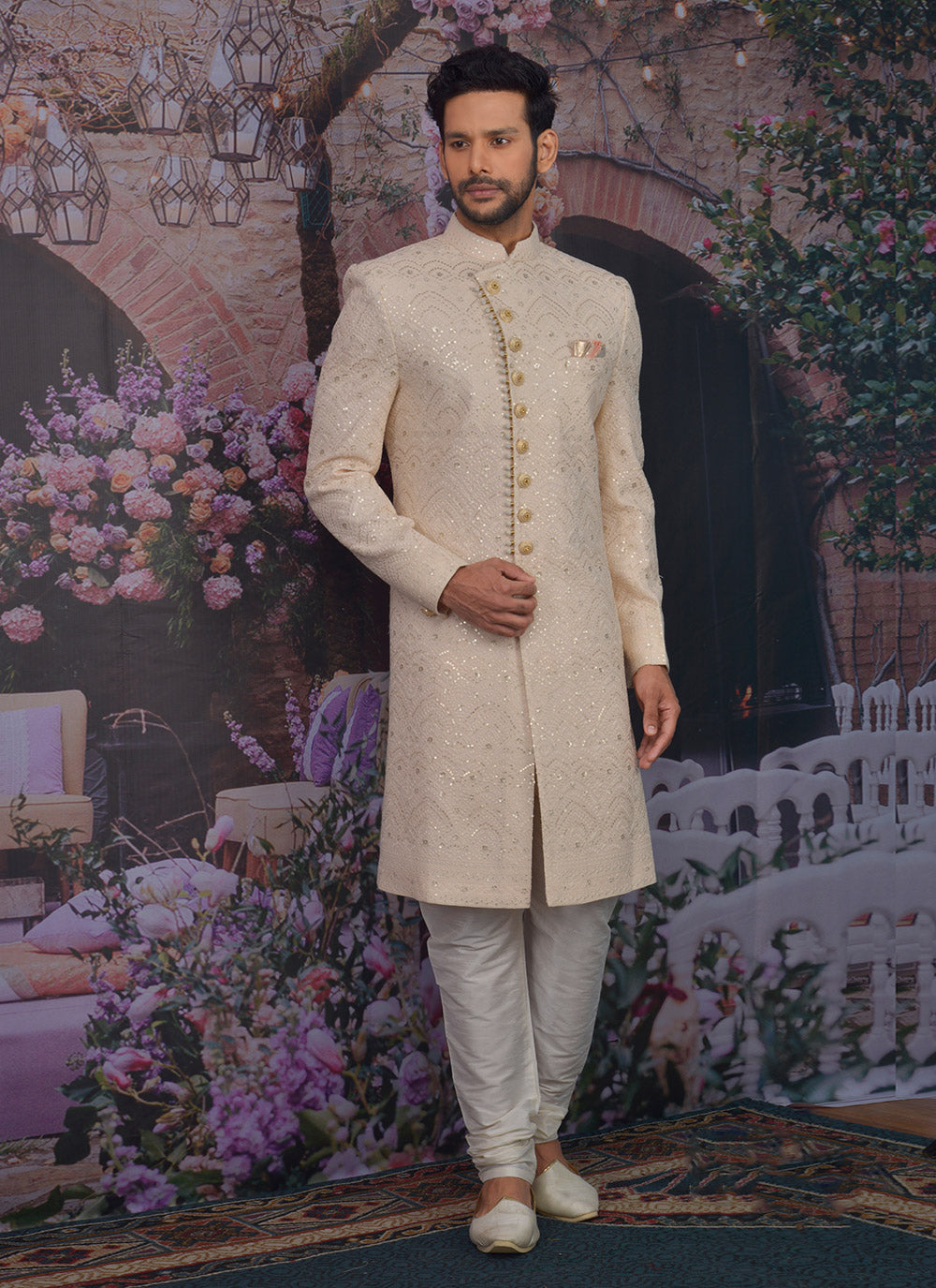 Georgette Lucknowi Embroidered Sherwani For Men
