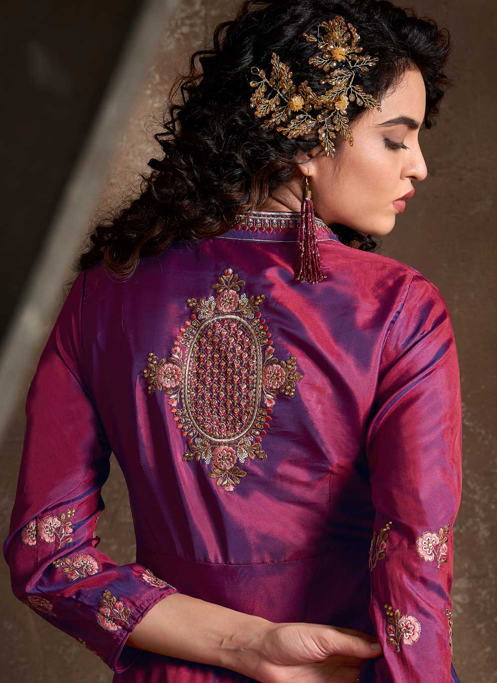 Magenta Readymade Silk Embroidered Anarkali Suit