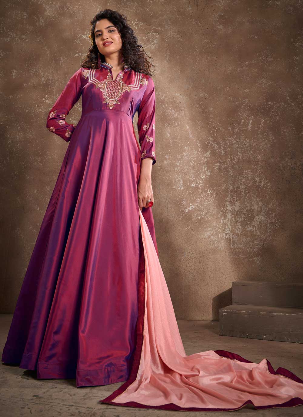 Magenta Readymade Silk Embroidered Anarkali Suit