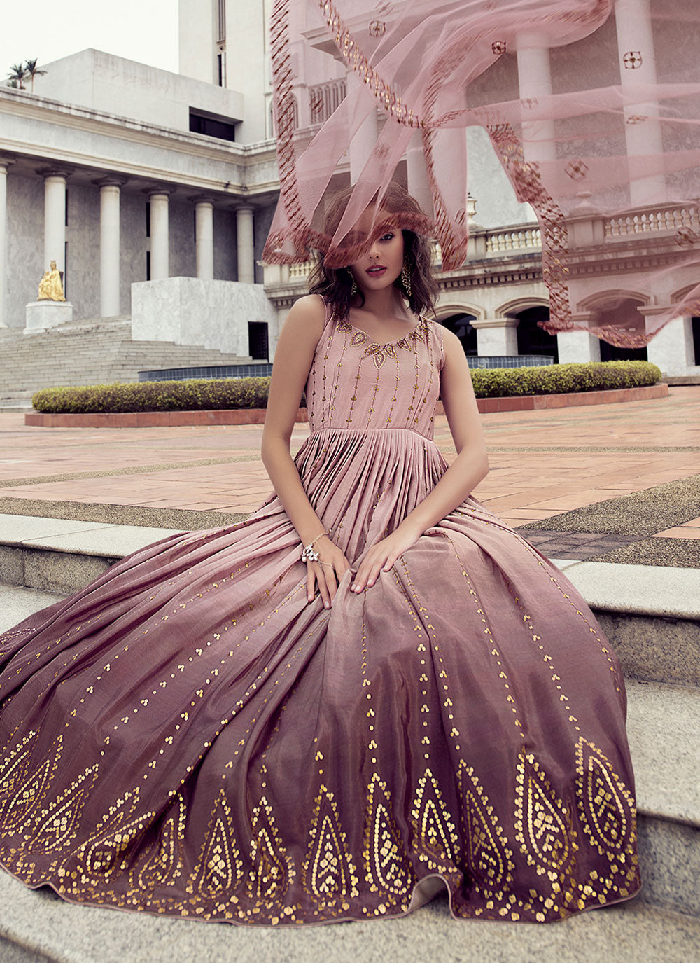 Embroidered Designer Gown In Mauve Color