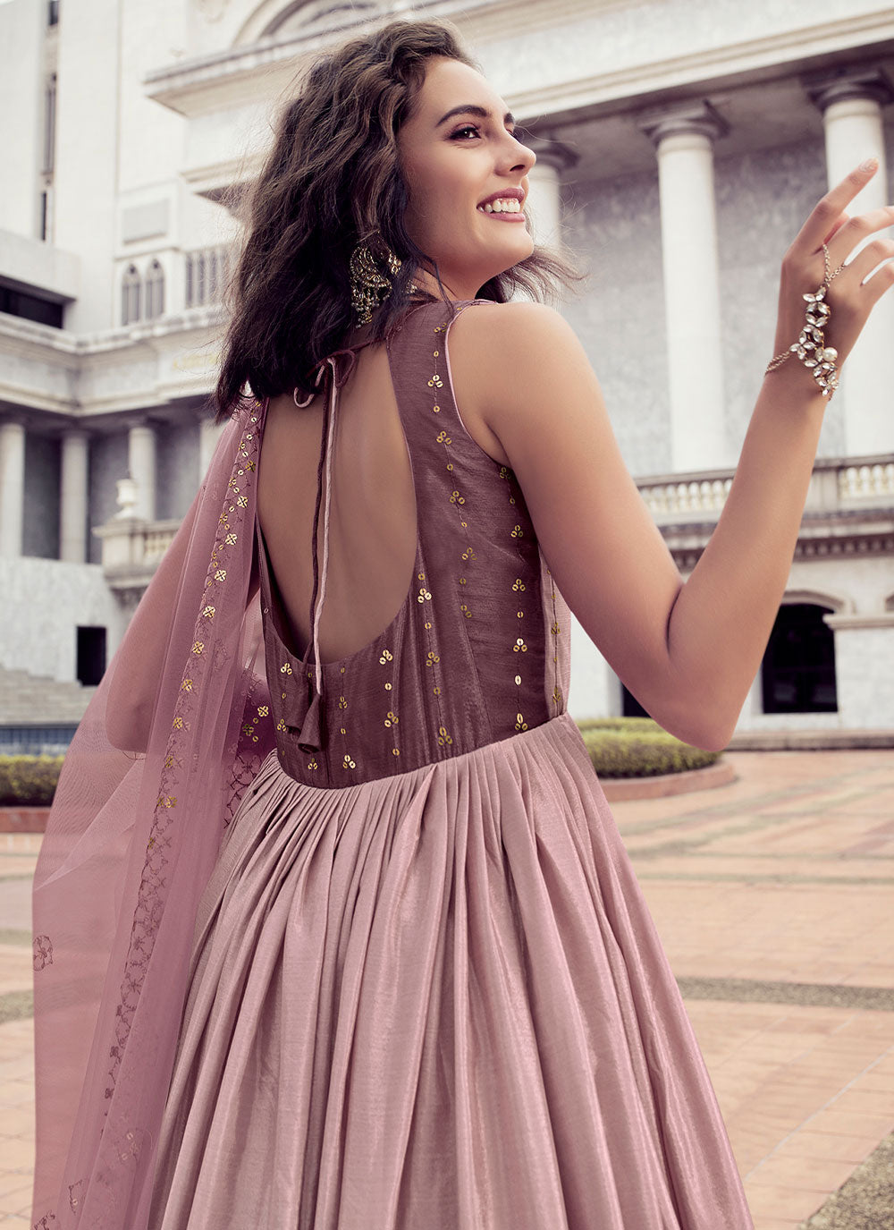 Embroidered Designer Gown In Mauve Color