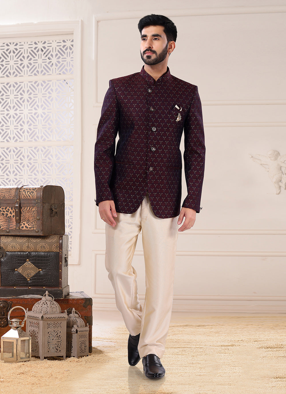 Maroon Jacquard Jodhpuri Suit