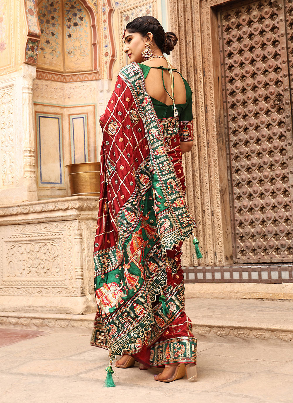 Party Wear Saree For Green And Red Color