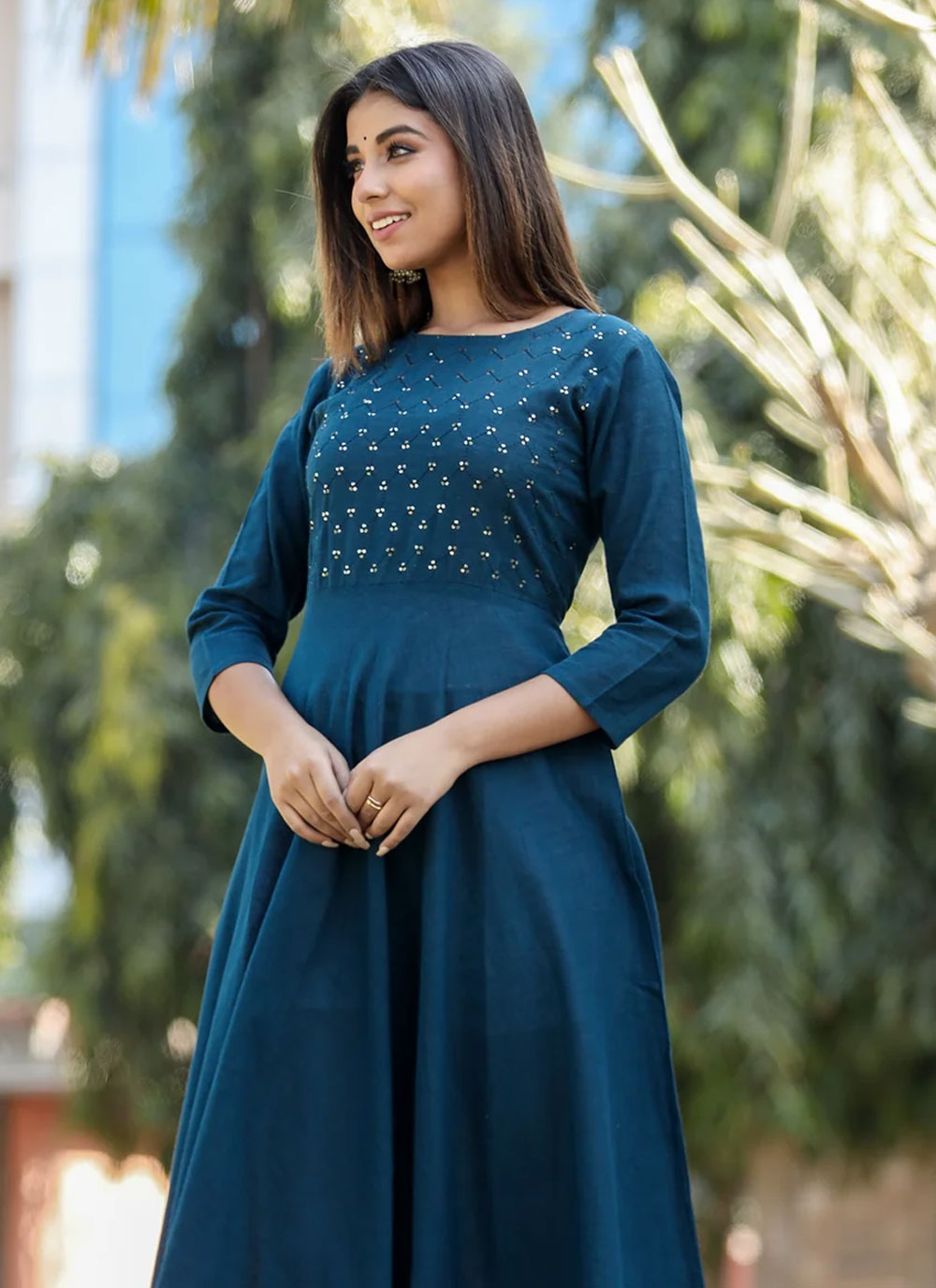 Cotton Party Wear Kurti In Peacock Blue Color