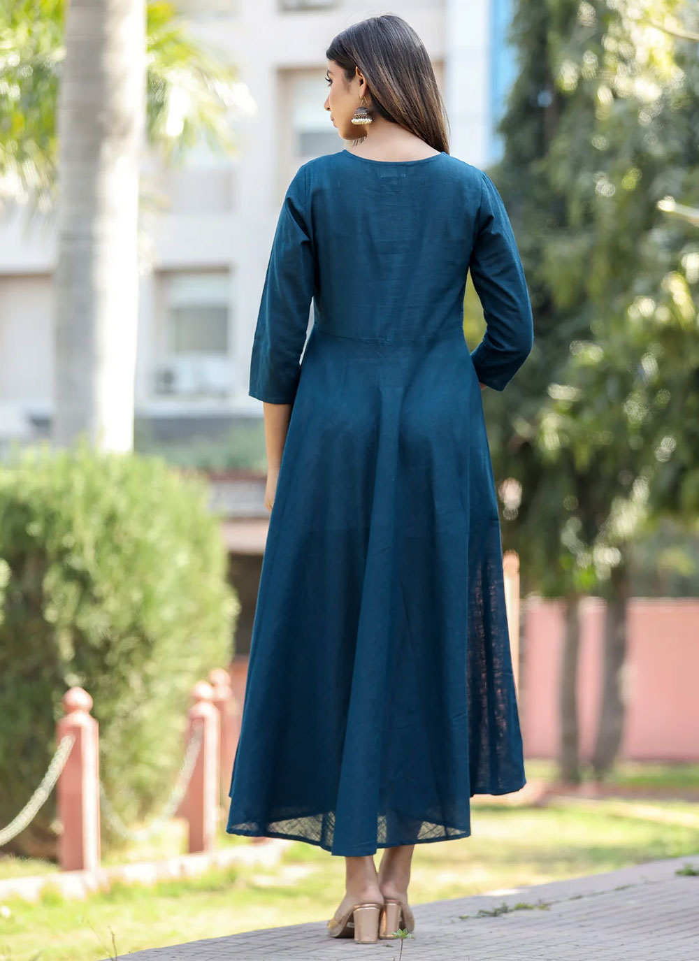 Cotton Party Wear Kurti In Peacock Blue Color