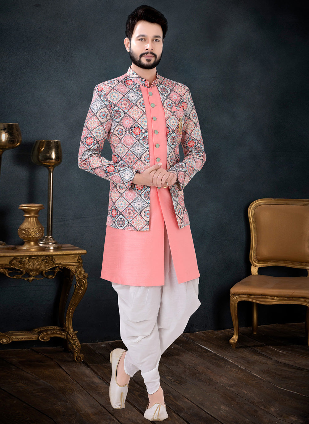 Pink Silk Dhoti Kurta With Jacket For Engagement
