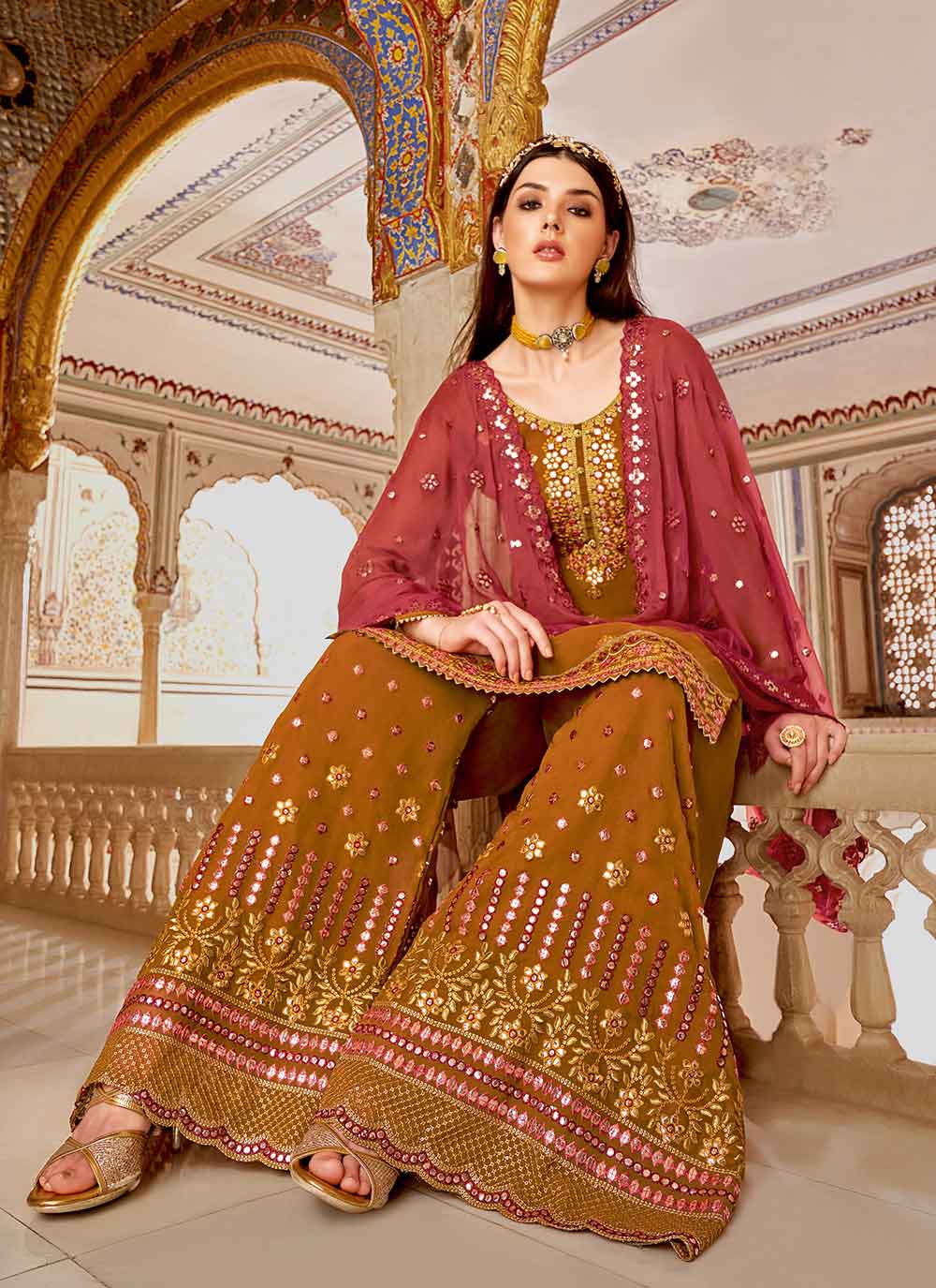 Mustard Readymade Embroidered Palazzo Suit