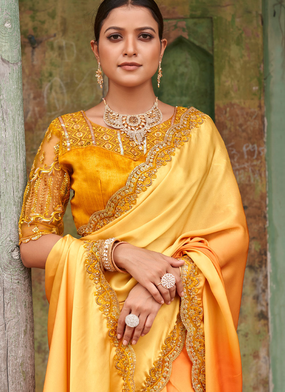Embroidered Reception Trendy Saree In Mustard Color