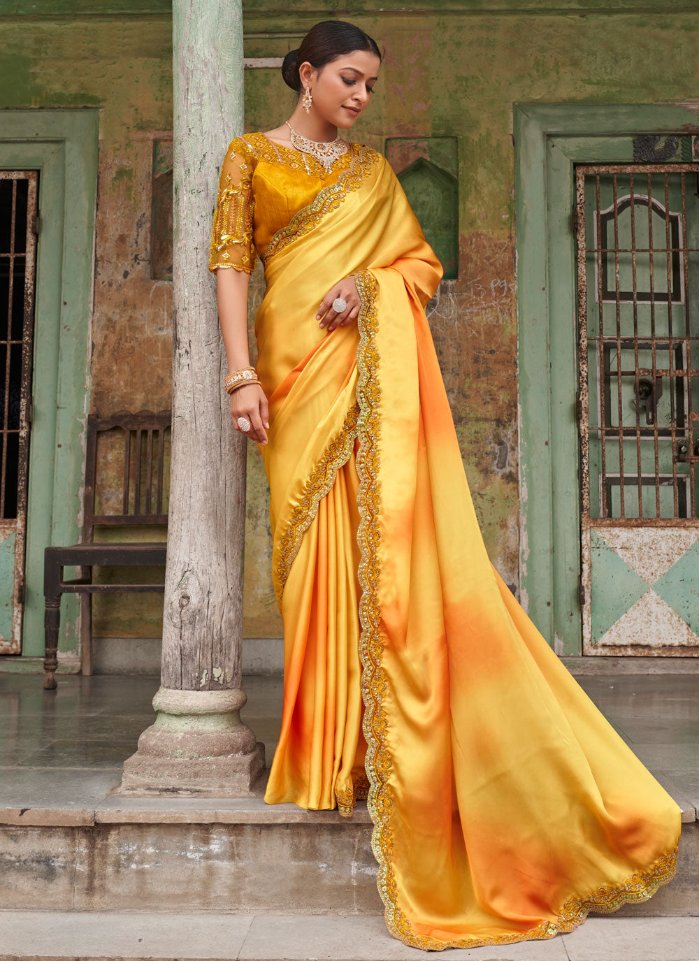 Embroidered Reception Trendy Saree In Mustard Color