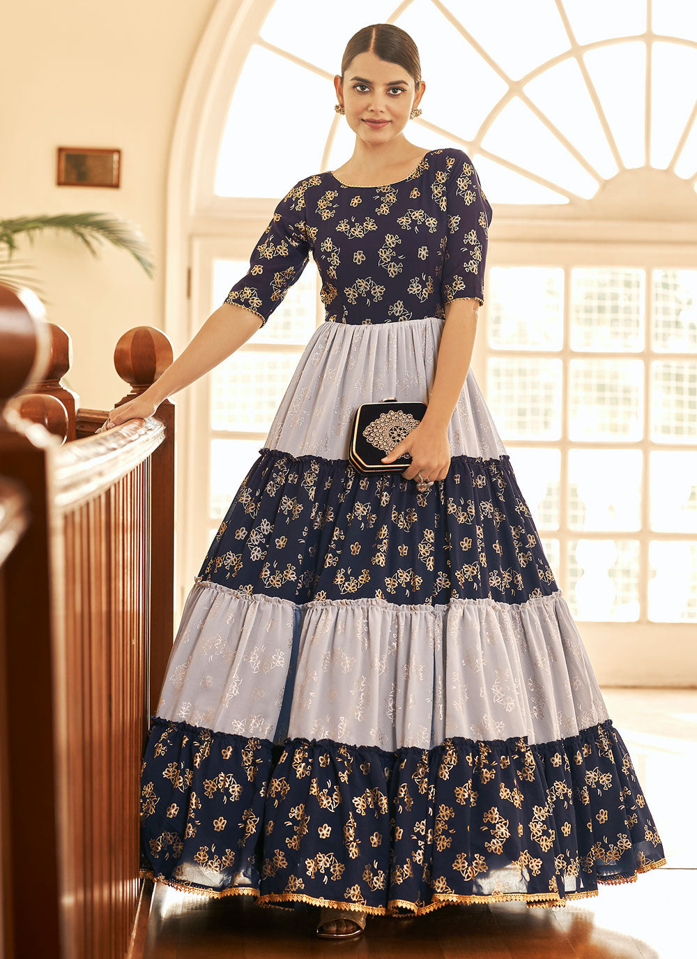 Navy Blue Foil Printed Festival Gown