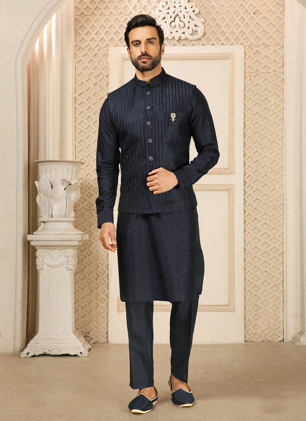 Embroidered Kurta Pajama With Jacket In Navy Blue Color