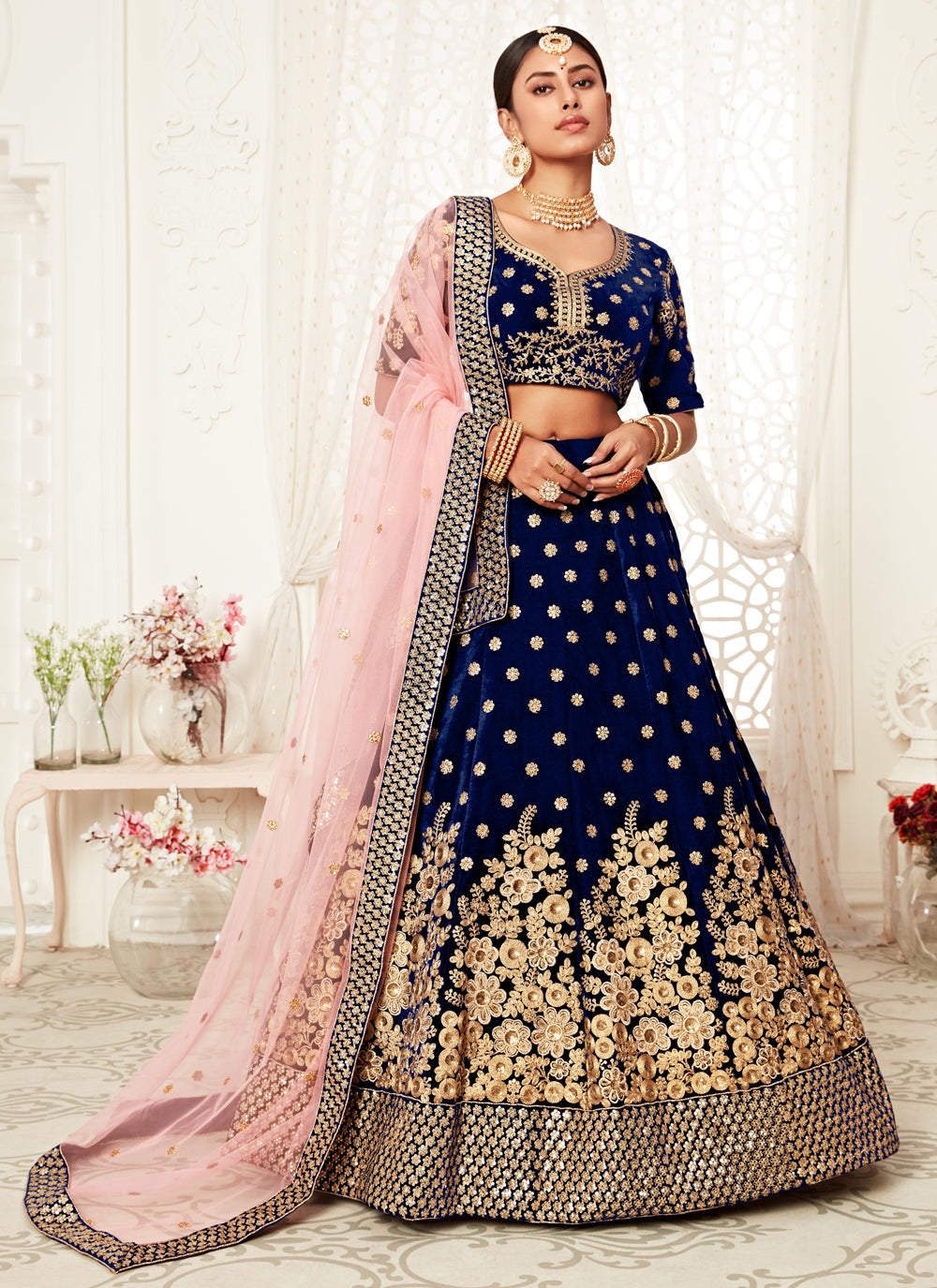 Bollywood Lehenga Choli Sequins Velvet In Navy Blue