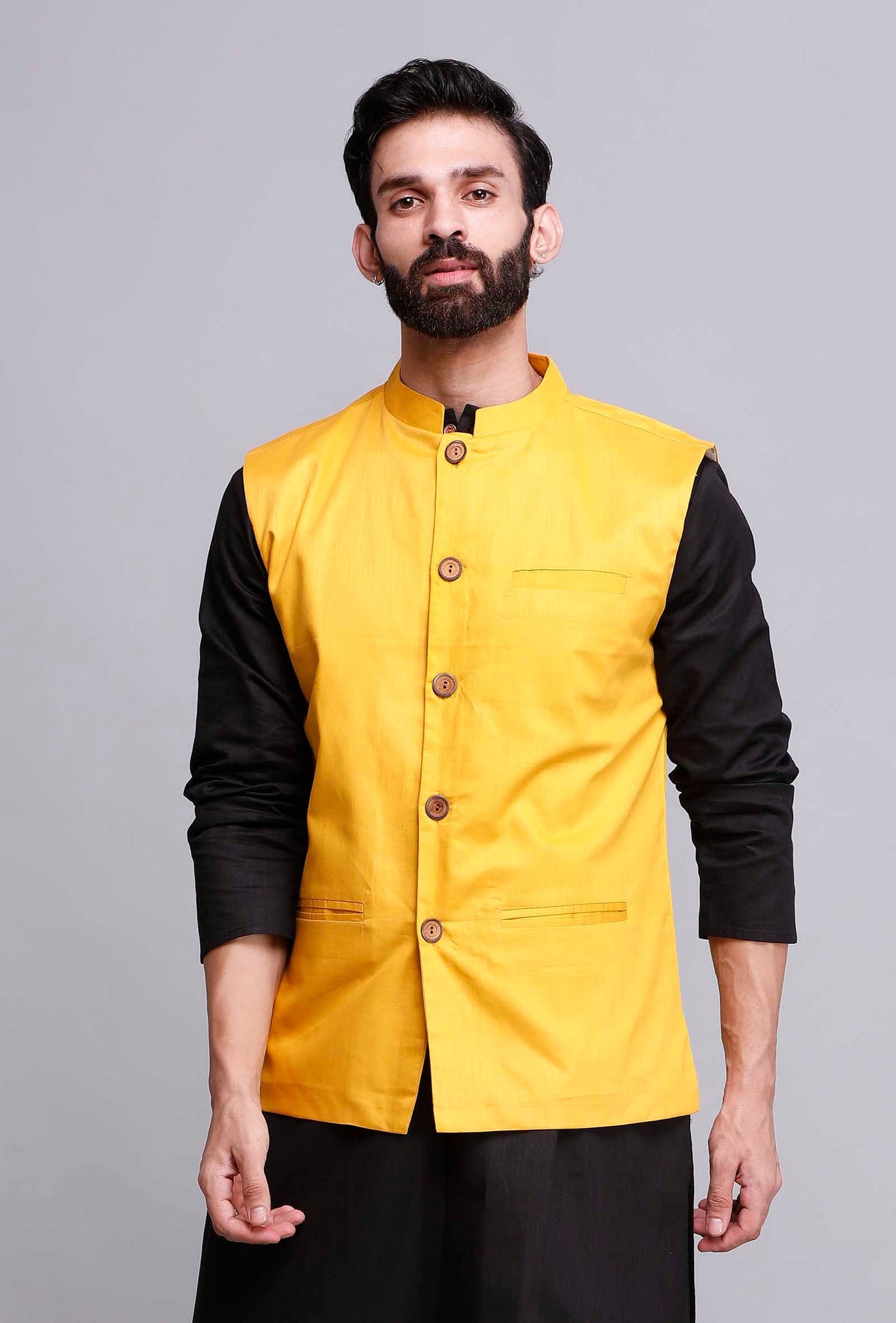Nehru Jackets Plain Satin in Yellow