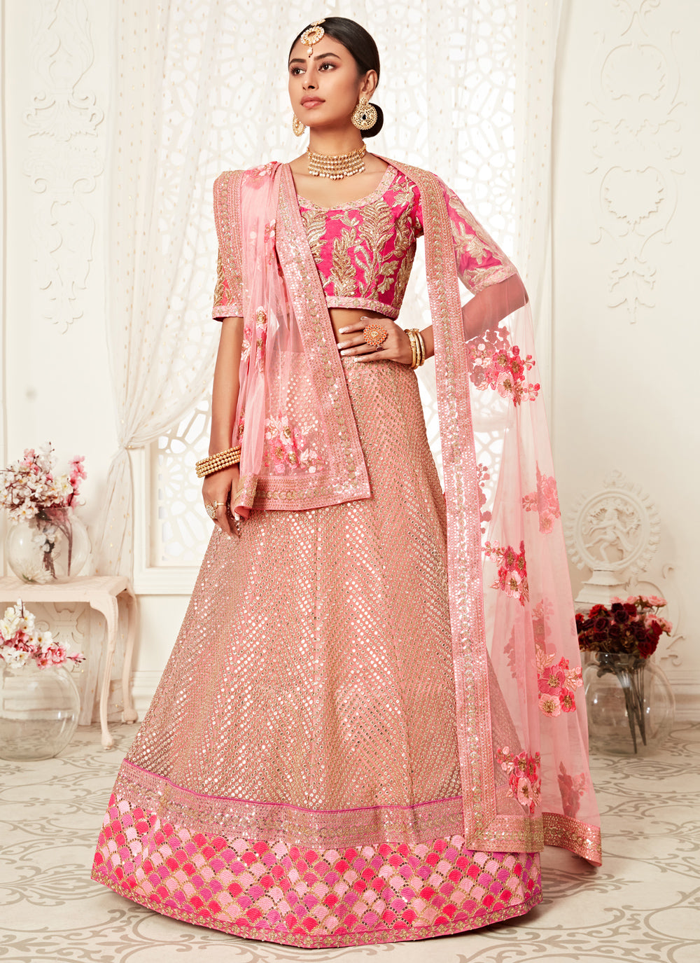 Net Sequins Bollywood Lehenga Choli In Pink
