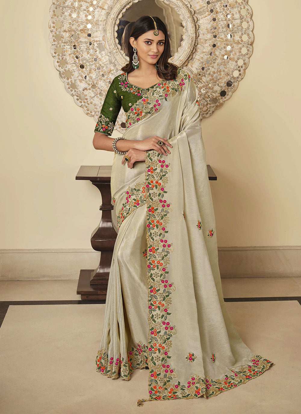 Off White Contemporary Embroidered Saree