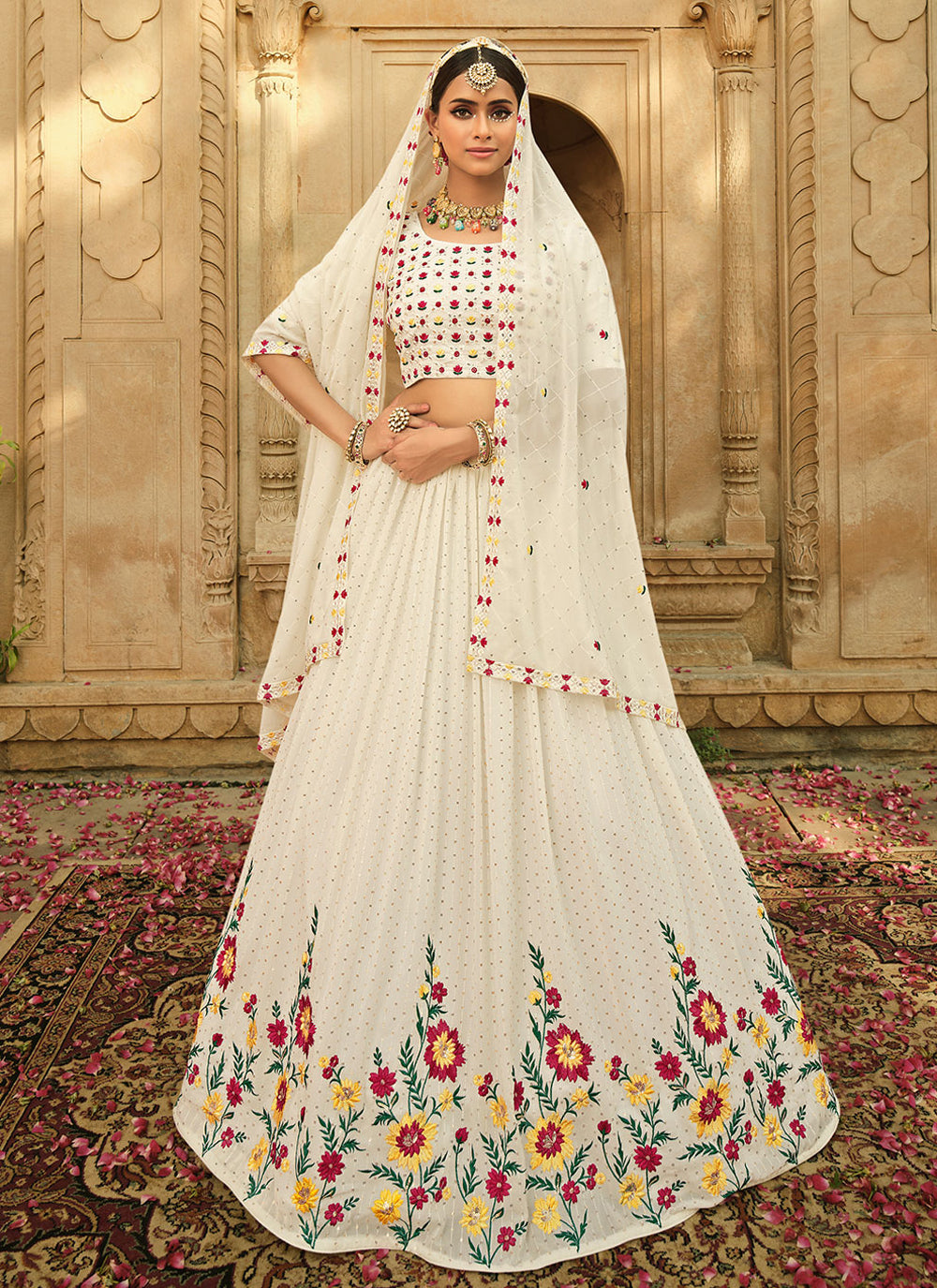 Trendy Sequins Georgette Lehenga Choli In Off White Color