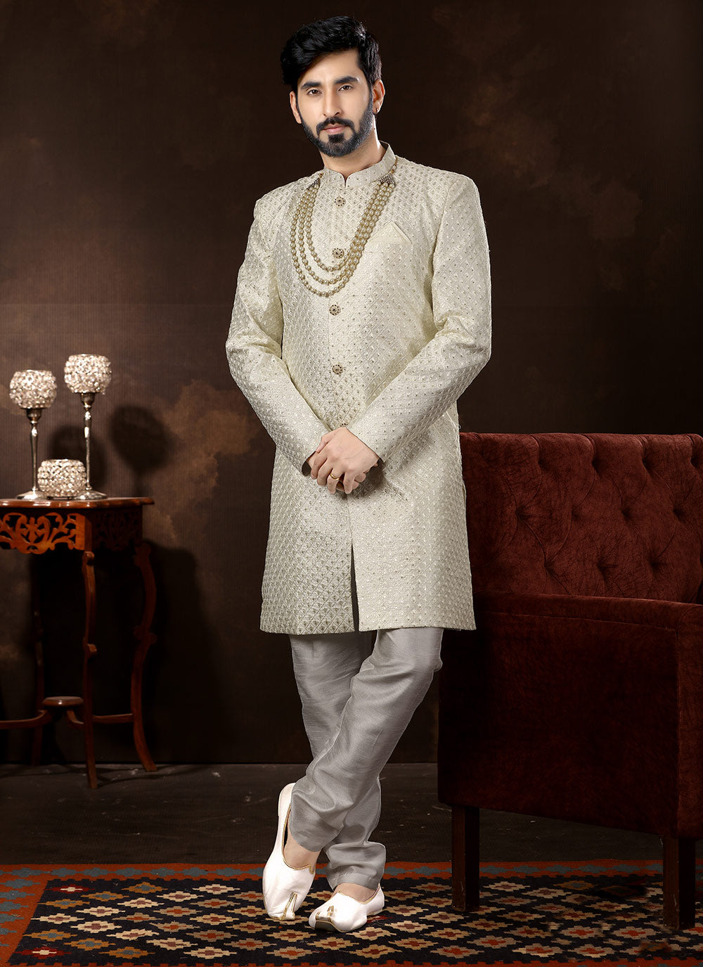 Off White Embroidered Sherwani For Wedding