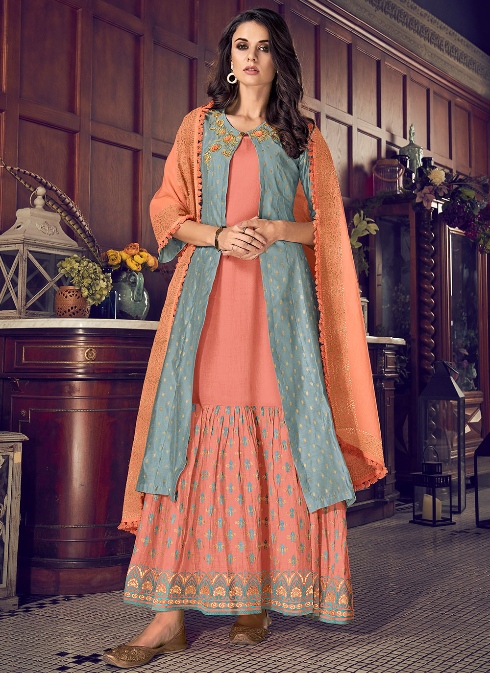 Orange Chanderi Silk Embroidered Designer Suit