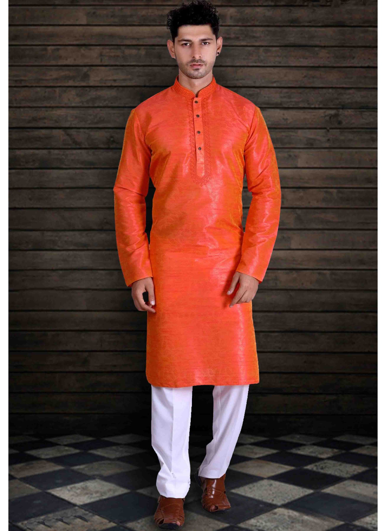 Orange Art Silk Kurta Pyjama For Sangeet