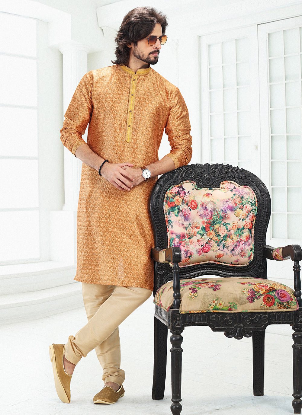 Orange Engagement Banarasi Silk Kurta Pyjama