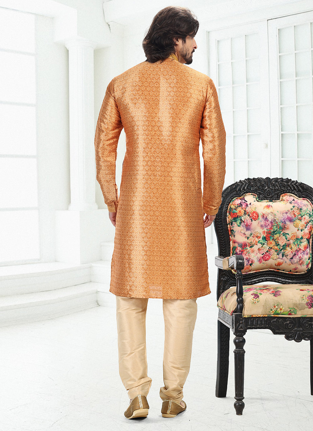 Orange Engagement Banarasi Silk Kurta Pyjama