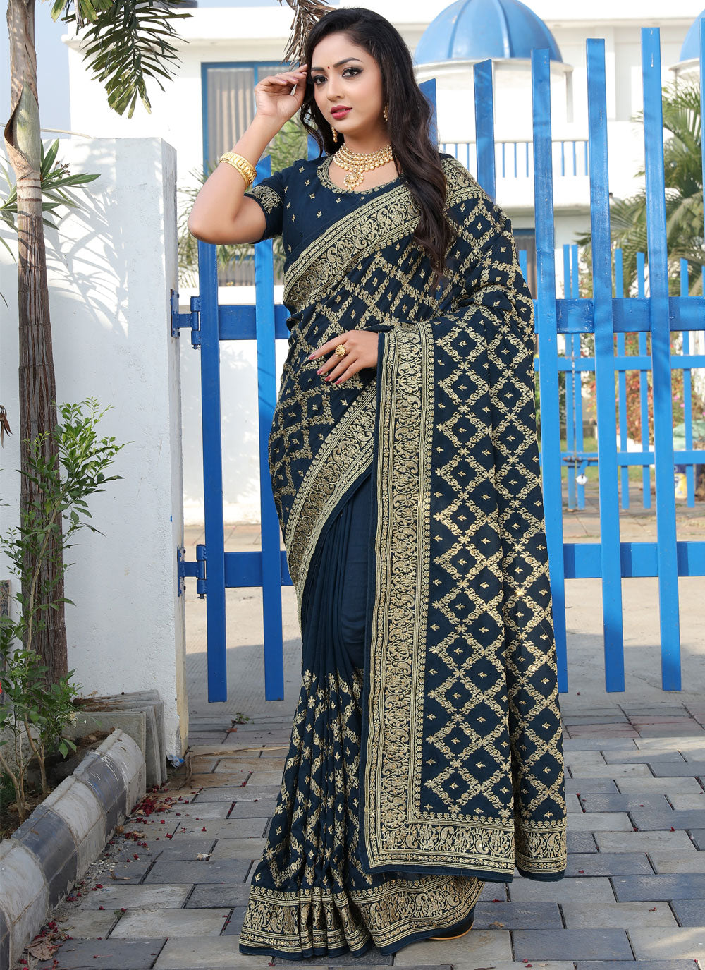 Peacock Blue Embroidered Traditional Saree