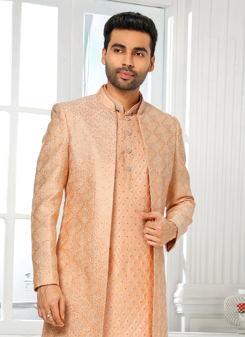 Embroidered Indo Western In Peach For Engagement
