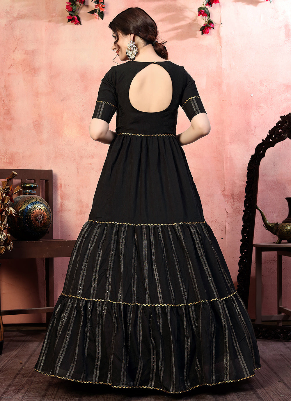 Black Silk Embroidered Designer Gown