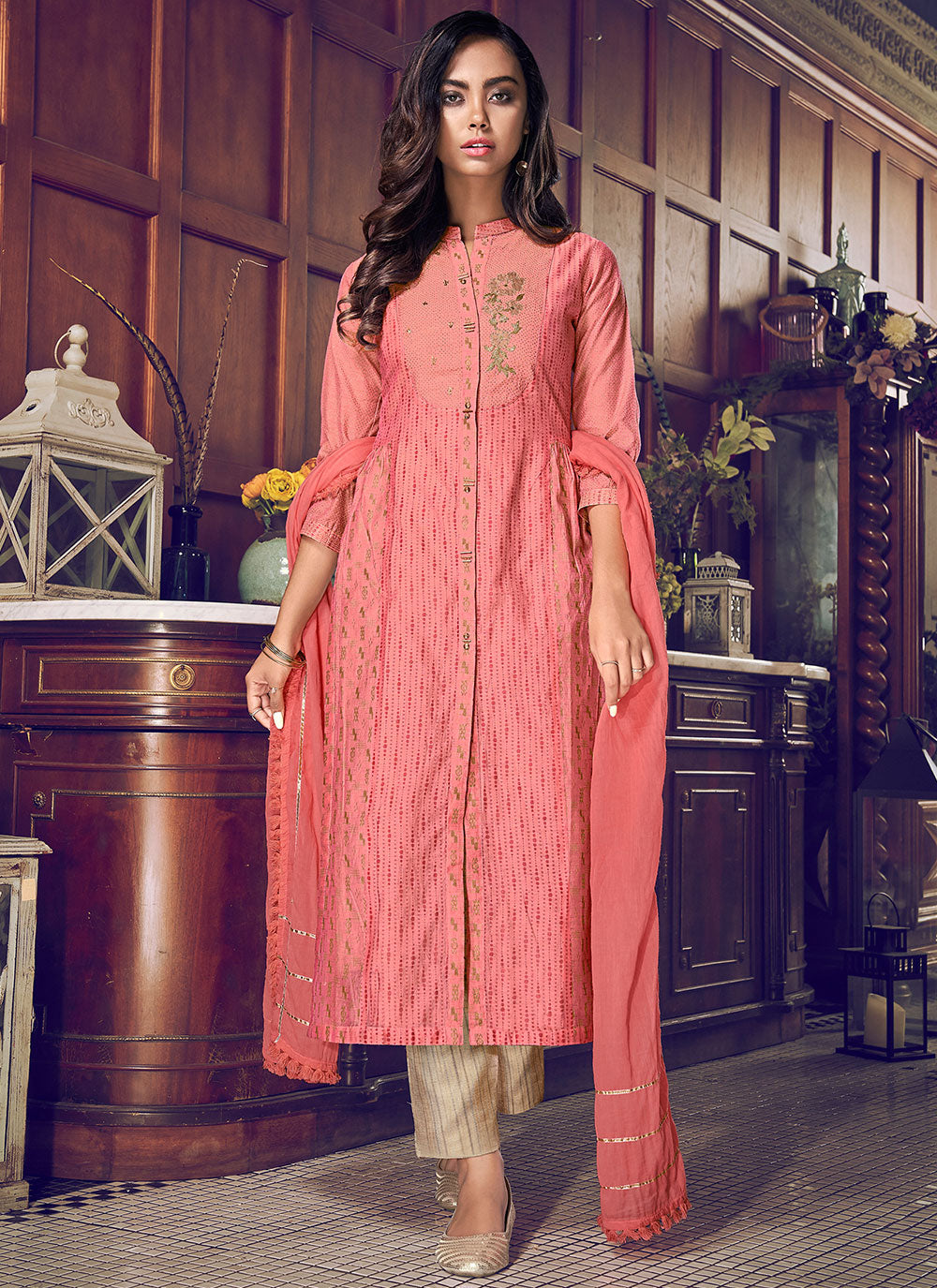 Pink Chanderi Silk Embroidered Pant Style Suit