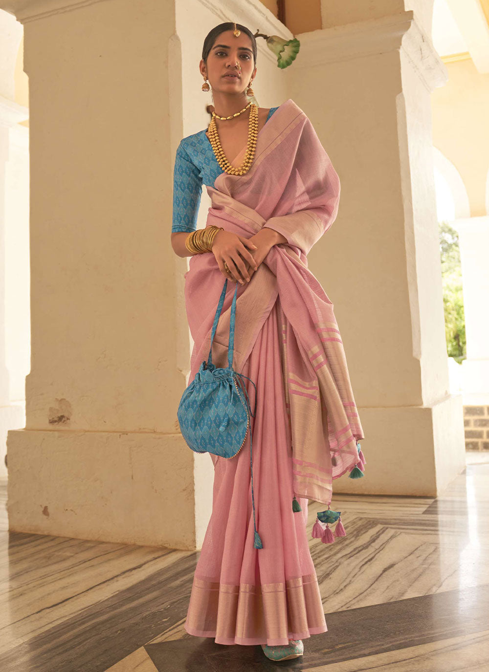 Plain Traditional Saree In Pink Color