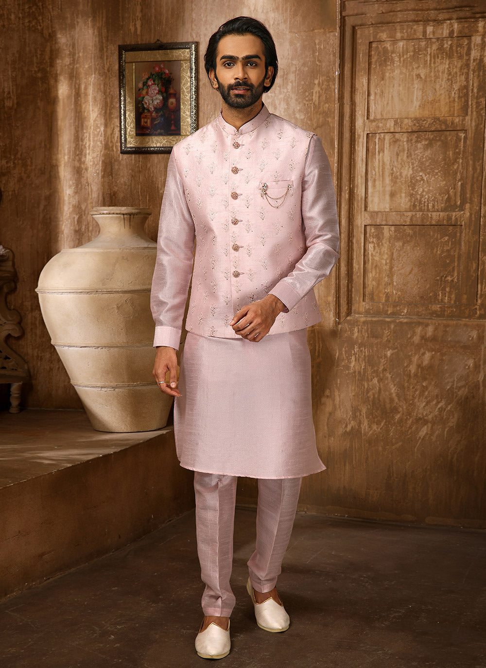 Embroidered Kurta Pajama With Jacket In Pink Color