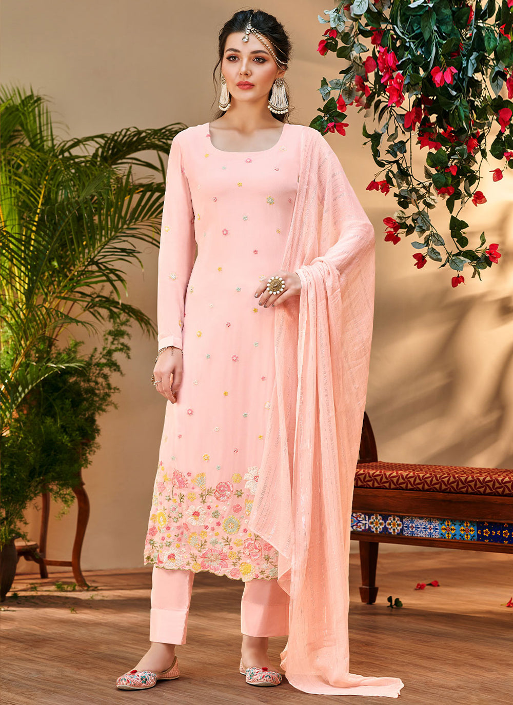 Pink Embroidered Long Length Salwar Suit 