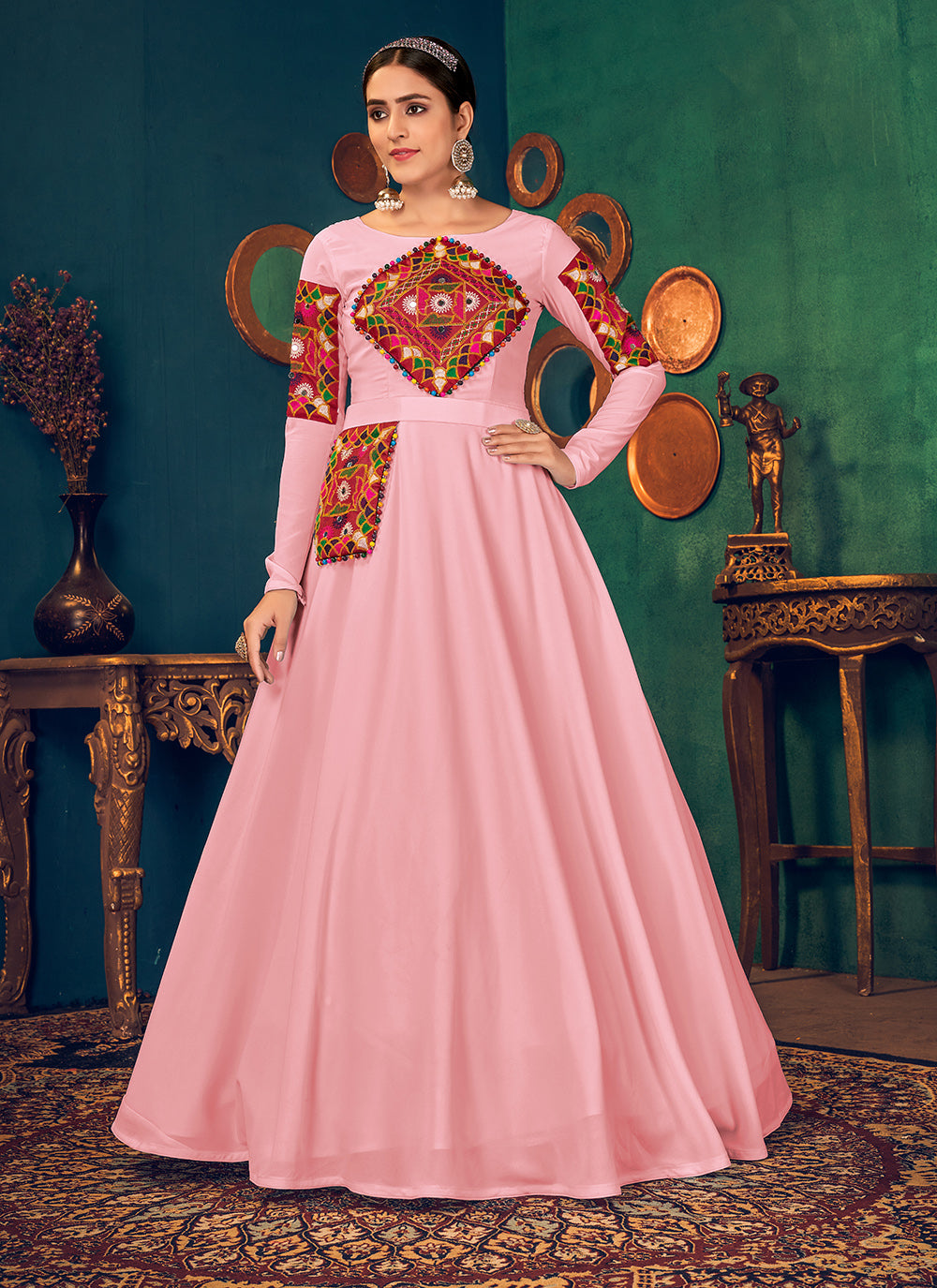 Pink Embroidered Floor Length Gown
