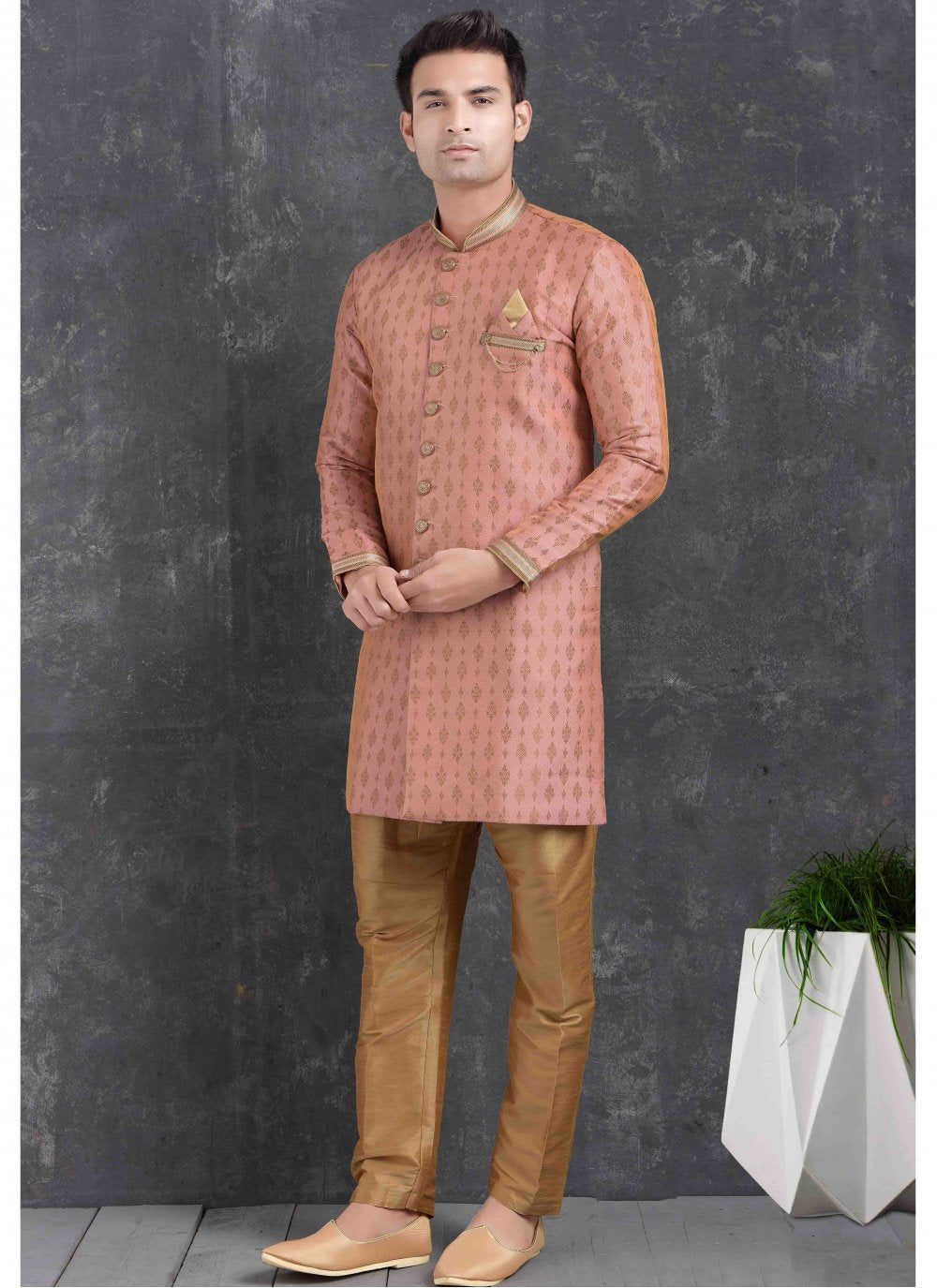 Jacquard Silk Indo Western in Pink