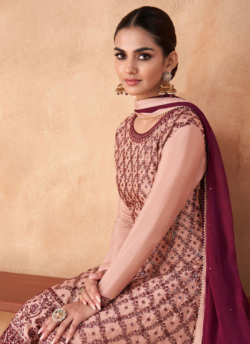 Embroidered Chinon Palazzo Salwar Suit