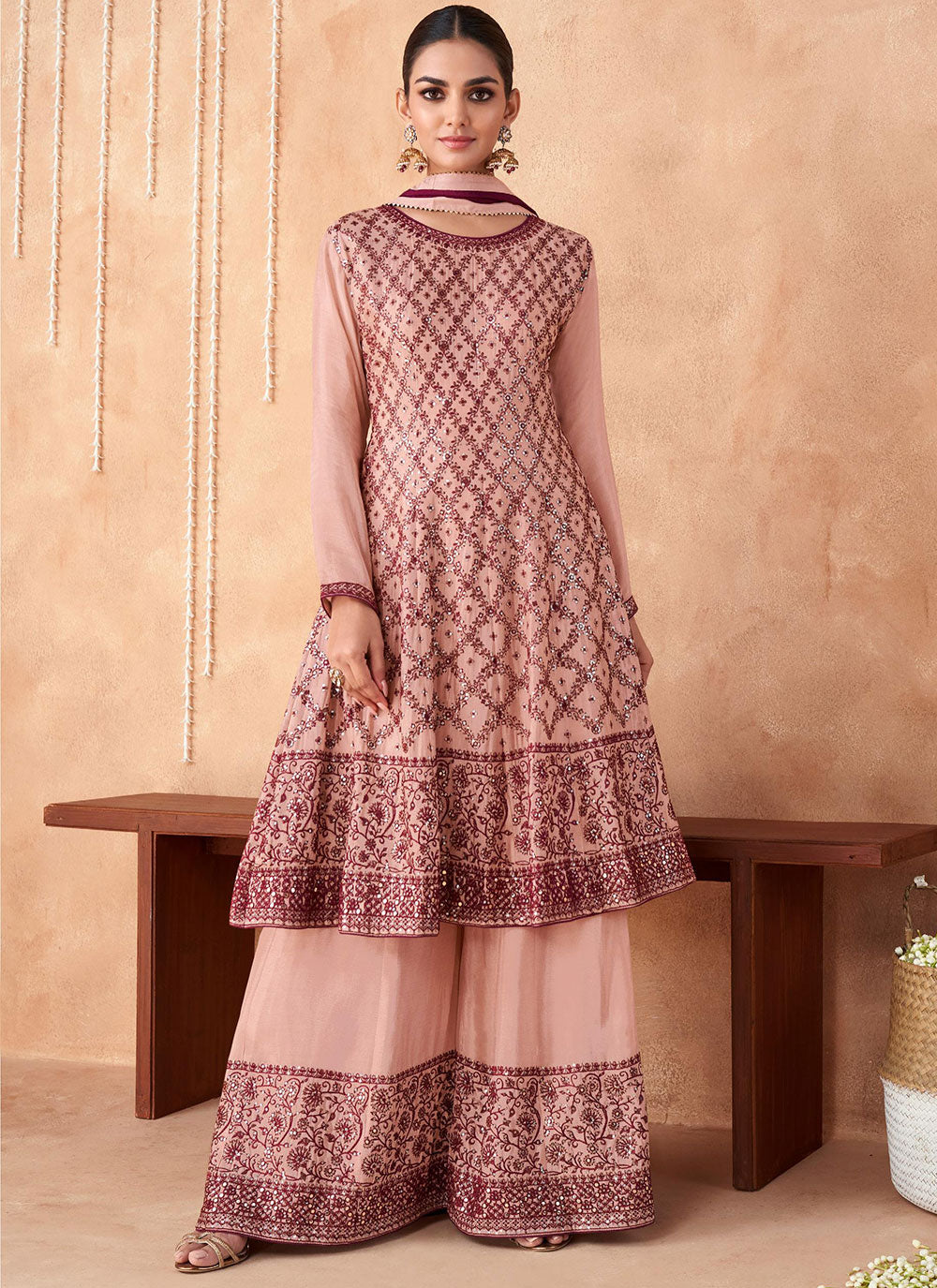 Embroidered Chinon Palazzo Salwar Suit