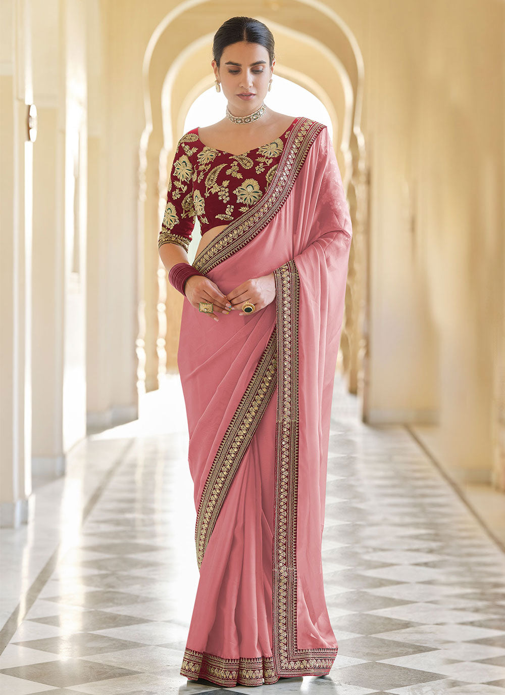 Patch Border Organza Pink Classic Designer Saree