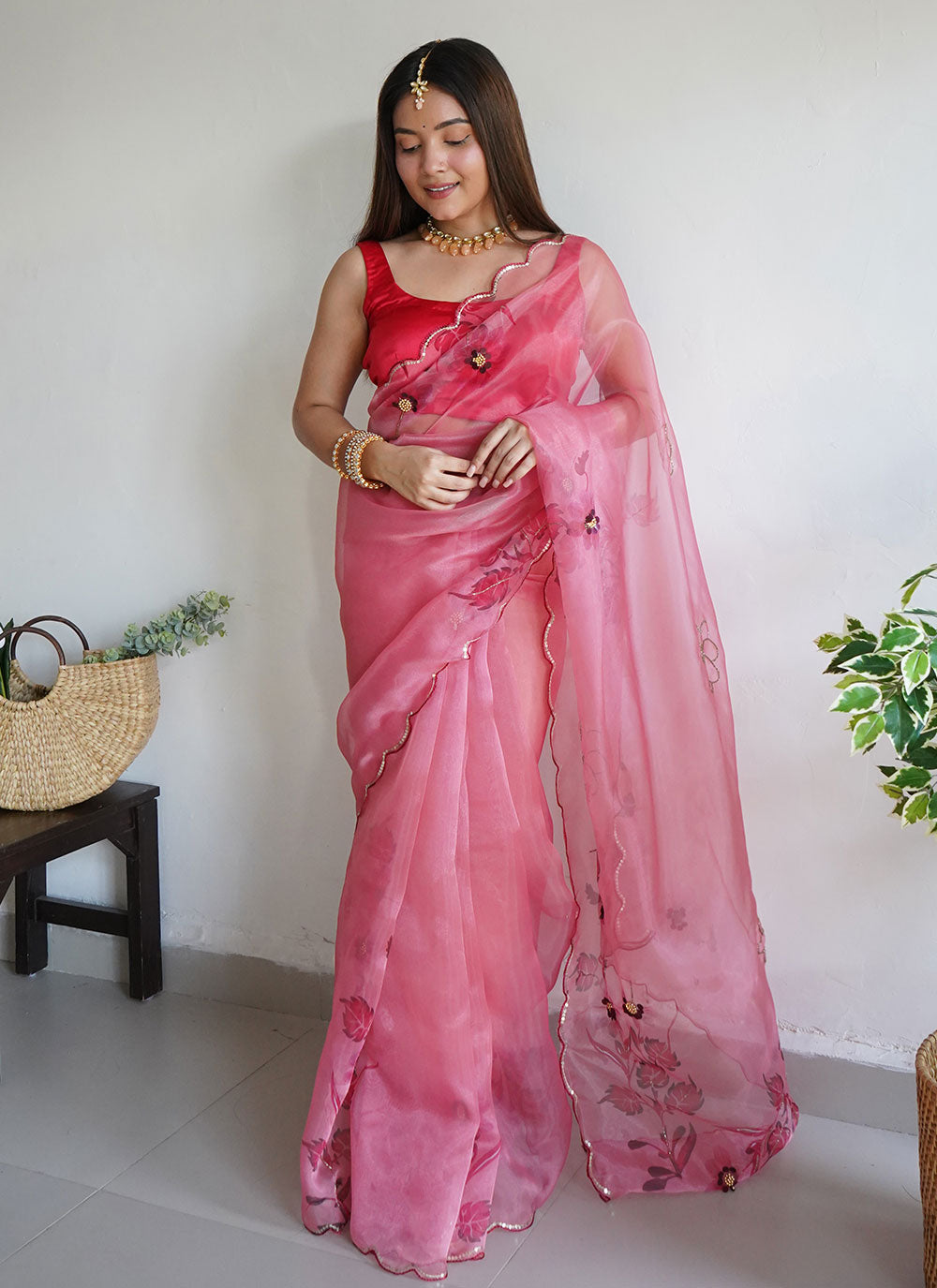 Organza Cutwork Designer Saree In Pink Color