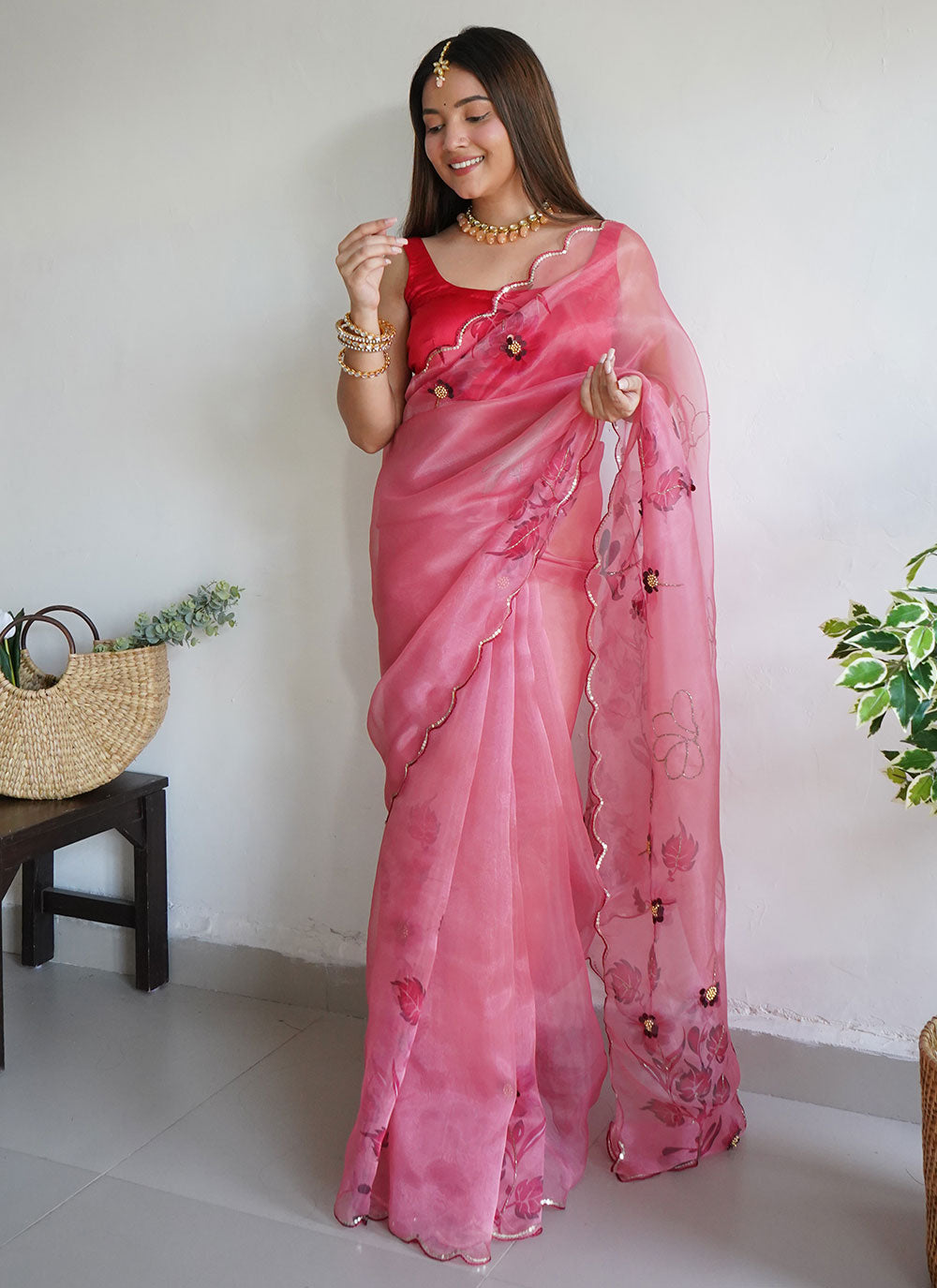 Organza Cutwork Designer Saree In Pink Color