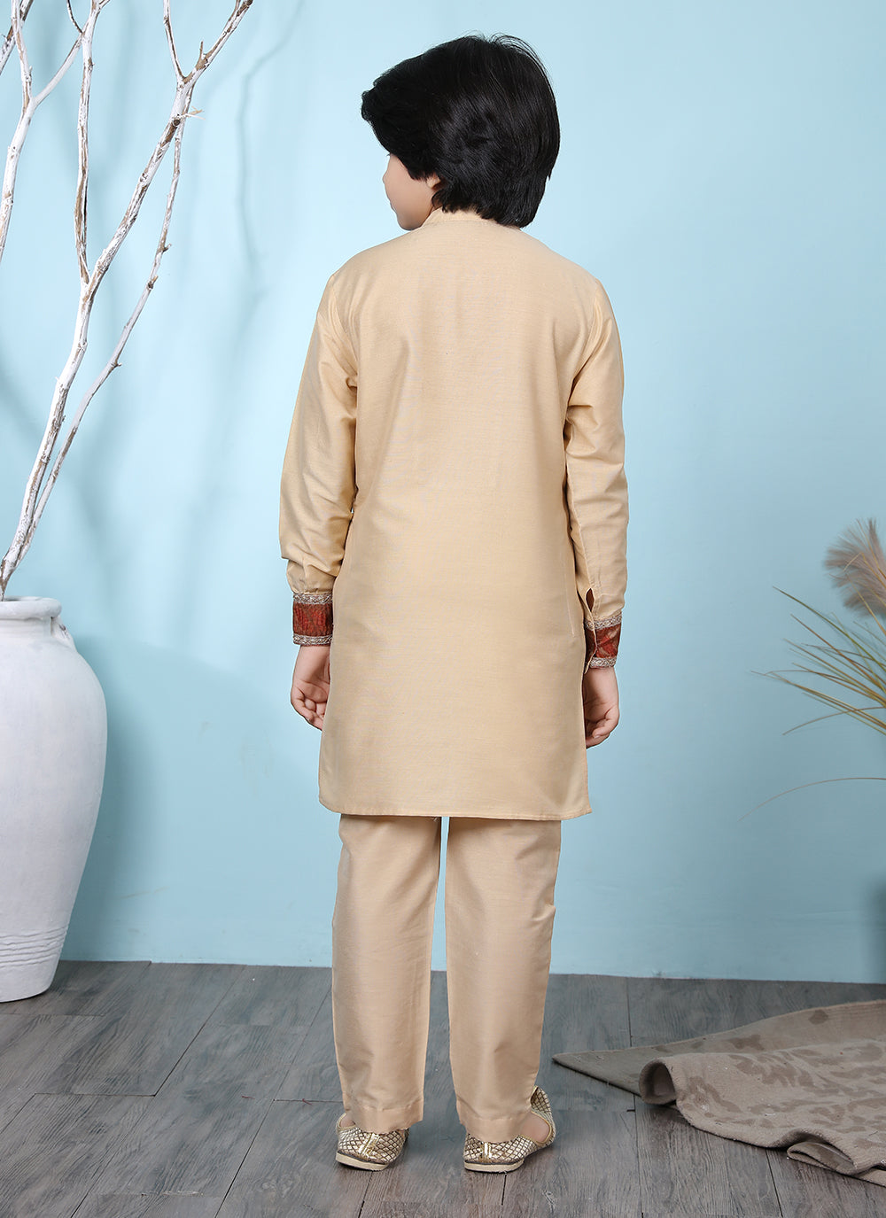 Cotton Silk Beige Embroidered Kurta Pajama For Boys