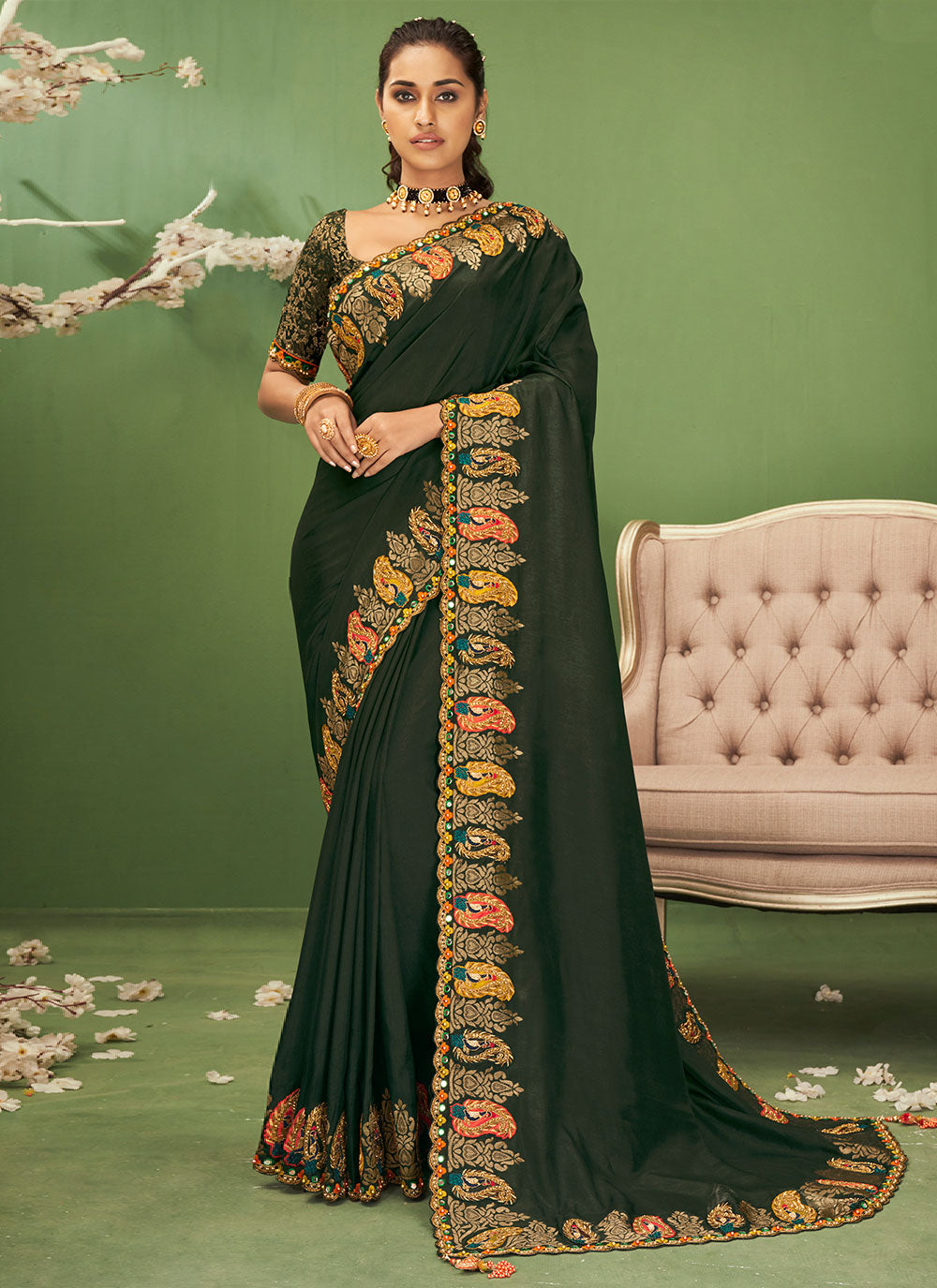 Silk Foil Print Green Traditional Saree