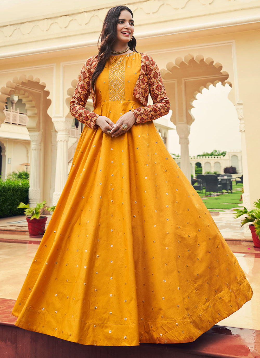 Designer Embroidered Trendy Gown In Mustard Color