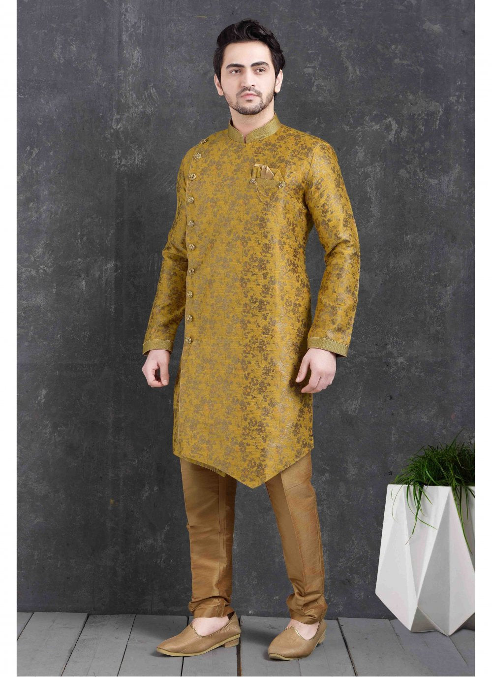 Indo Western Print Jacquard Silk in Yellow