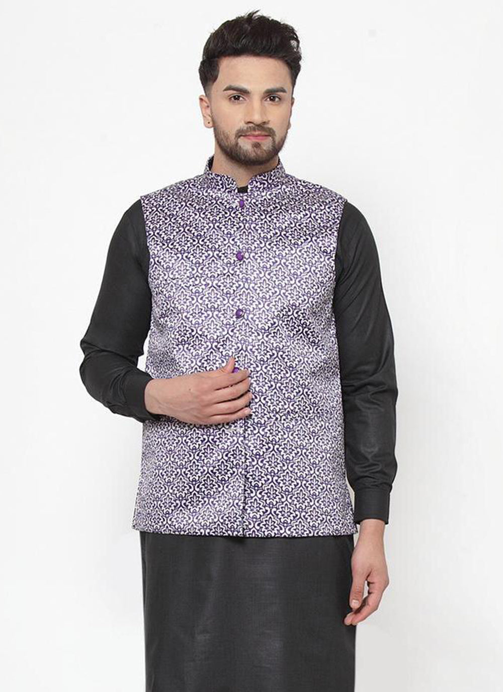 Printed Cotton Satin Nehru Jackets in Purple