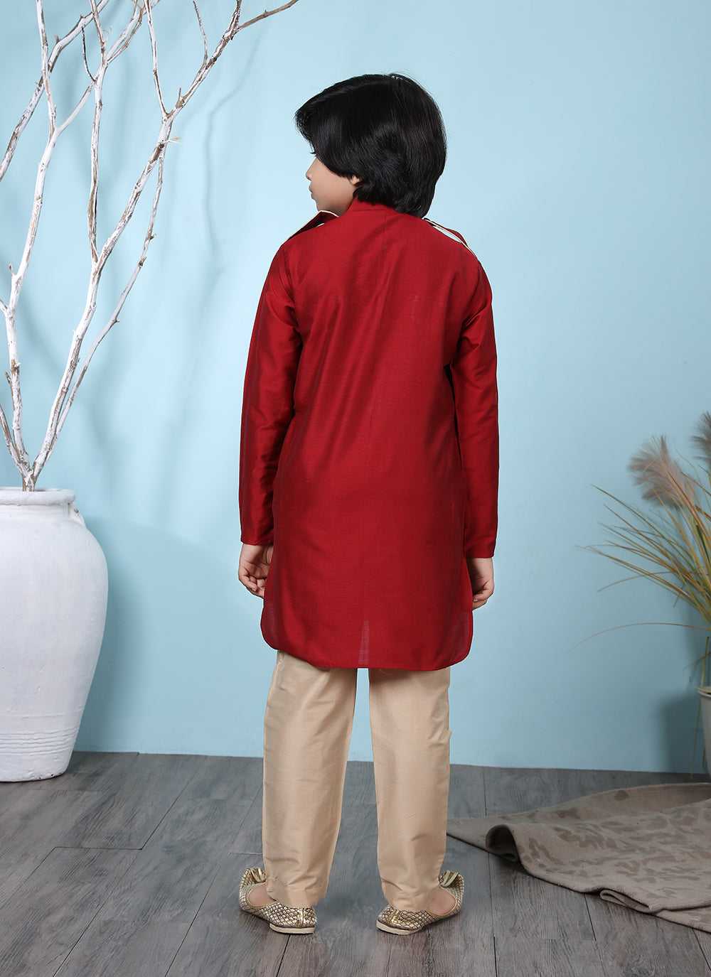Red Cotton Silk Kurta Pajama With Buttons For Boys