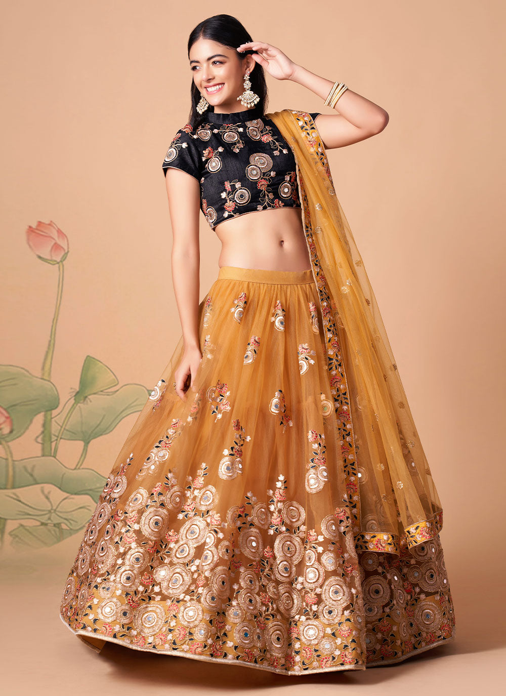 Embroidered With Sequins Lehenga Choli In Orange Color